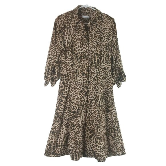 Calvin Klein Womens Leopard Print Shirtdress Size 2 Brown Button Front Midi Dres - Picture 1 of 10